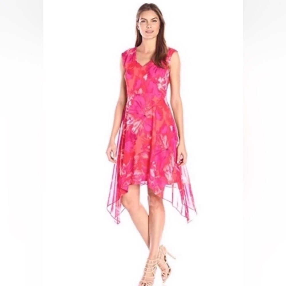 Sandra Darren Pink Orange Floral Handkerchief Hem V-Neck Dress 8 90670